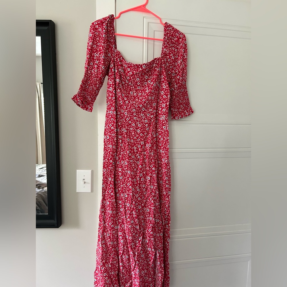 Francesca's Collections Red and White Puff Sleeve Wrap Sundress